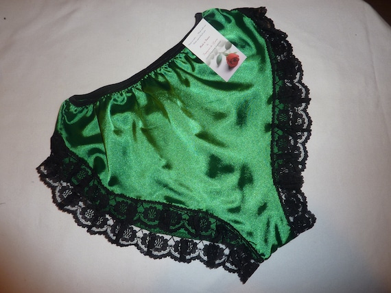 Green Shiny Satin High Cut French Knicker With Black Lace Trim. High Rise  Full Bottom Cover Style Sassy Knickers French Panties 