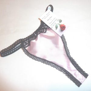 Pale Pink Shiny satin thong with black lace trim. Cheeky skimpy bottom style sissy knickers French panties Hand made lingerie gift for her