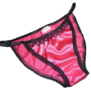 Felroze satijnen zwarte kanten tangaslipje, stringbikini, sissy glanzende panty, handgemaakte Franse lingerie cadeau, damesslipje, damesondergoed