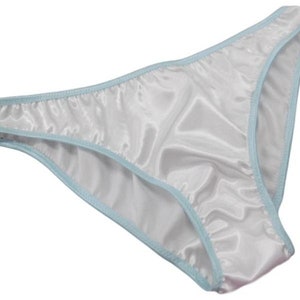 White Shiny satin, Pale blue elastic trim, plain and simple, low rise, sissy panties, bikini brief, knickers Lingerie, Hand Made in France