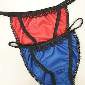Pure silk ladies panties, 2 sissy tanga string bikini , Red  Royal blue  , 100% habotai silk, lightweight sheer knickers Hand Made in France