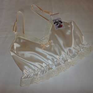 Off white lingerie Shiny satin and ivory lace camisole crop top bralette Hand Made in France Pyjama short cami top French lingerie gift her