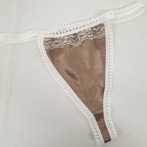 Beige Shiny satin thong with ivory lace trim. Cheeky skimpy bottom style sassy knickers, French lingerie handmade panties, Romantic gift