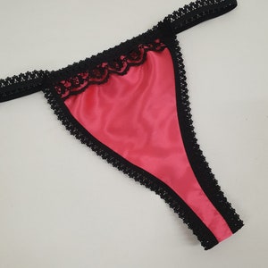 Hot Pink Shiny satin thong with black lace trim. Cheeky skimpy bottom style sissy knickers, French panties, Hand made lingerie, Sexy undies