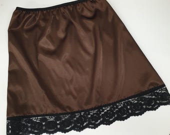 Chocolate Brown Shiny satin half waist slip, black lace trim, Woman's Underskirt Hand Made in France French lingerie gift Petticoat for her