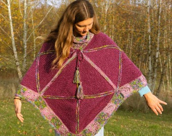 Hand-knitted poncho with crocheted hem and tassels to tie