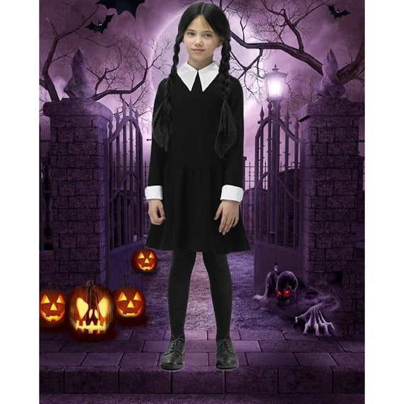 Wednesday Addams Costume Girls Dress Long Sleeve Halloween Addams