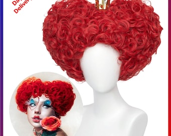 Costume for Women Fluffy Short Curly Wig with Crown Red Queen Heart Theme Perfect for Halloween and Anime Cosplay Parties One Size, with Cap