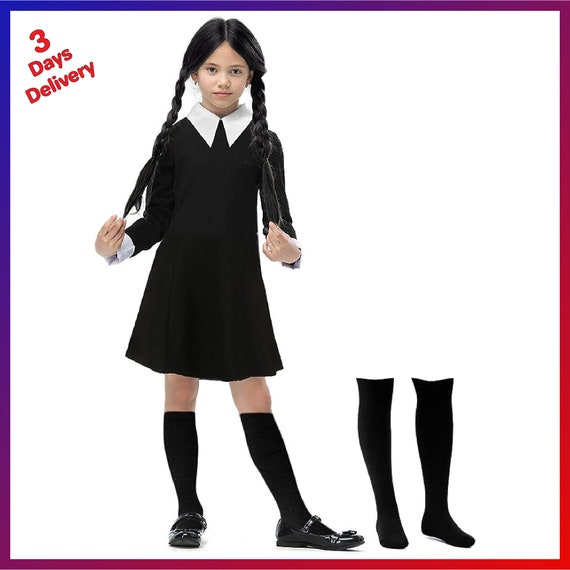 Wednesday Addams Costume for Adult Women Kids Girls Long Sleeve Peter Pan  Collar Black Dress Halloween Night Costume