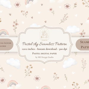 Peut inclure: Un motif pastel sans couture avec des arcs-en-ciel, des nuages, des fleurs et des brins sur un fond beige. Le design comprend le texte "Pastel sky Seamless Pattern" et "12x12 inches". Les mots "Commercial License Included" et "Seamless Pattern" sont également présents.