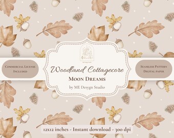 Woodland Cottagecore Forest Treasures Seamless Pattern | Neutral Autumn Digital Paper | Acorns & Oak Leaves | Commercial License PNG JPG