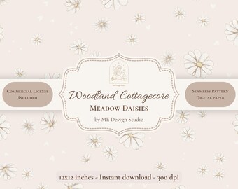 Woodland Daisy Seamless Pattern | Neutral Floral Digital Paper | Cottagecore Fabric Design | PNG JPG | Commercial Use
