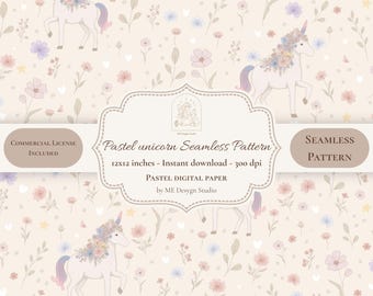 Pastel Unicorn Seamless Pattern PNG JPG | Floral Unicorn Digital Paper | Baby Girl Fabric Print, Cottagecore Scrapbook Paper, Commercial Use