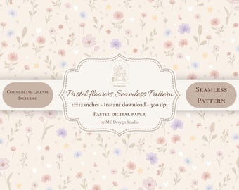 Pastel Floral Seamless Pattern, Cottagecore Digital Paper, Baby Girl Fabric Design, Cute Flowers Pattern, Commercial Use PNG JPG