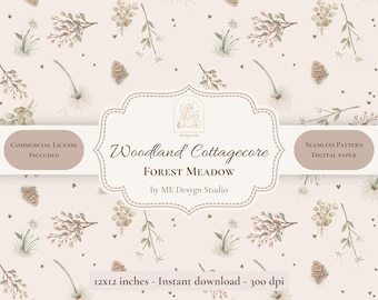 Woodland Cottagecore Seamless Pattern | Forest Meadow Digital Paper | Wildflower Pattern | Fabric Design PNG JPG | Commercial License