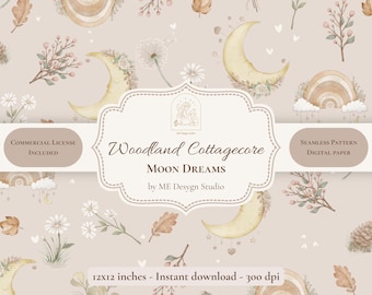 Woodland Cottagecore Moon Dreams Seamless Pattern | Neutral Nursery Digital Paper | Celestial Pattern | PNG JPG | Commercial License