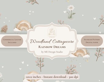 Boho Rainbow Seamless Pattern | Woodland Cottagecore Digital Paper | Nursery Fabric Design | PNG JPG | Commercial Use