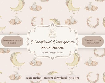 Woodland Cottagecore Moon Dreams Seamless Pattern | Neutral Nursery Digital Paper | Celestial Pattern | PNG JPG | Commercial License