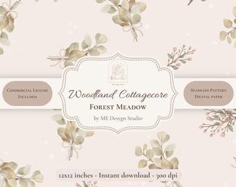 Woodland Cottagecore Seamless Pattern | Forest Treasures Digital Paper | Neutral Botanical Leaves | Fabric Print Design | Commercial License