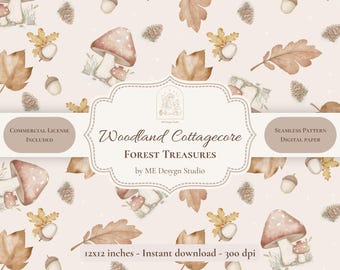 Woodland Cottagecore Forest Treasures Seamless Pattern | Neutral Autumn Digital Paper | Acorns & Oak Leaves | Commercial License PNG JPG