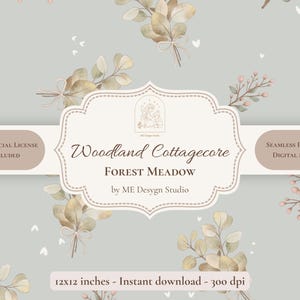Peut inclure: Un motif numérique sans couture présentant des illustrations à l'aquarelle de branches d'eucalyptus nouées avec des rubans et de petits cœurs blancs sur un fond vert sauge. L'étiquette centrale affiche le texte Woodland Cottagecore Forest Meadow.