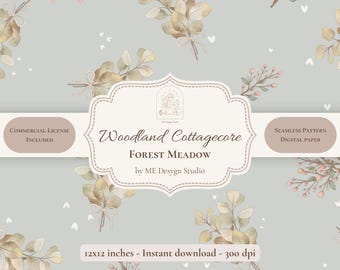 Woodland Cottagecore Seamless Pattern | Forest Treasures Digital Paper | Neutral Botanical Leaves | Fabric Print Design | Commercial License