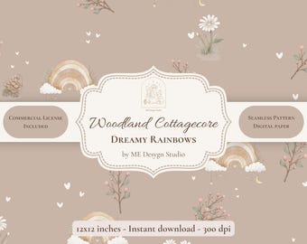 Boho Rainbow Seamless Pattern | Woodland Cottagecore Digital Paper | Nursery Fabric Design | PNG JPG | Commercial Use