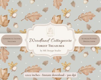 Woodland Cottagecore Forest Treasures Seamless Pattern | Neutral Autumn Digital Paper | Acorns & Oak Leaves | Commercial License PNG JPG