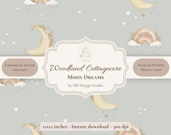 Woodland Cottagecore Moon Dreams Seamless Pattern | Neutral Nursery Digital Paper | Celestial Pattern | PNG JPG | Commercial License