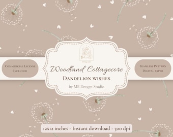 Woodland Dandelion Seamless Pattern | Neutral Cottagecore Digital Paper | Botanical Fabric Design | PNG JPG | Commercial Use