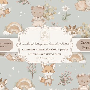 Woodland Cottagecore Seamless Pattern | Baby Animals Digital Paper | Neutral Sage Fabric Print | JPG PNG | Commercial License