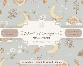Woodland Cottagecore Moon Dreams Seamless Pattern | Neutral Nursery Digital Paper | Celestial Pattern | PNG JPG | Commercial License