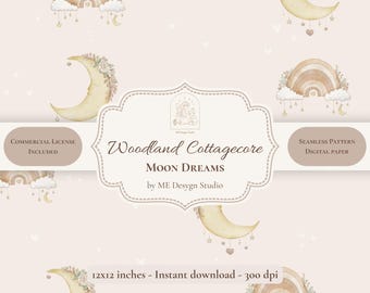 Woodland Cottagecore Moon Dreams Seamless Pattern | Neutral Nursery Digital Paper | Celestial Pattern | PNG JPG | Commercial License