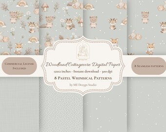Woodland Cottagecore Digital Paper Bundle, Seamless Pattern Pack, Forest Animals, Nursery Print, Scrapbook Paper, Commercial Use