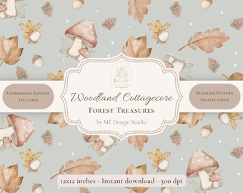 Woodland Cottagecore Forest Treasures Seamless Pattern | Neutral Autumn Digital Paper | Acorns & Oak Leaves | Commercial License PNG JPG