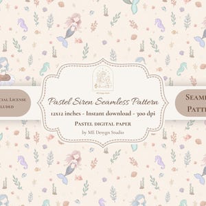 Peut inclure: Un motif de papier numérique aux couleurs pastel avec des sirènes, des hippocampes, des coquillages et des algues. Le motif comprend le texte "Pastel Siren Seamless Pattern" et "12x12 pouces". La conception a une licence commerciale et est un motif sans couture.