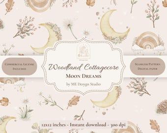 Woodland Cottagecore Moon Dreams Seamless Pattern | Neutral Nursery Digital Paper | Celestial Pattern | PNG JPG | Commercial License