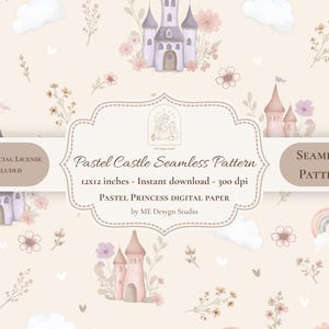 Peut inclure: Un motif sans couture aux couleurs pastel avec des châteaux, des fleurs, des arcs-en-ciel et des nuages. Le motif comprend le texte "Pastel Castle Seamless Pattern" et "Pastel Princess Digital Paper". Le motif mesure 30,48 x 30,48 cm.