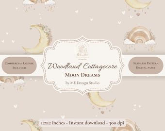 Woodland Cottagecore Moon Dreams Seamless Pattern | Neutral Nursery Digital Paper | Celestial Pattern | PNG JPG | Commercial License