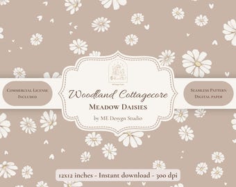 Woodland Daisy Seamless Pattern | Neutral Floral Digital Paper | Cottagecore Fabric Design | PNG JPG | Commercial Use