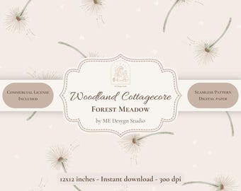 Woodland Dandelion Seamless Pattern | Neutral Cottagecore Digital Paper | Botanical Fabric Design | PNG JPG | Commercial Use