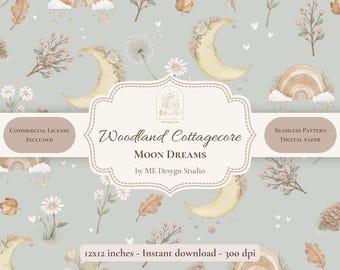 Woodland Cottagecore Moon Dreams Seamless Pattern | Neutral Nursery Digital Paper | Celestial Pattern | PNG JPG | Commercial License