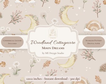 Woodland Cottagecore Moon Dreams Seamless Pattern | Neutral Nursery Digital Paper | Celestial Pattern | PNG JPG | Commercial License