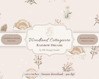 Boho Rainbow Seamless Pattern | Woodland Cottagecore Digital Paper | Nursery Fabric Design | PNG JPG | Commercial Use