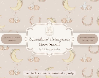 Woodland Cottagecore Moon Dreams Seamless Pattern | Neutral Nursery Digital Paper | Celestial Pattern | PNG JPG | Commercial License
