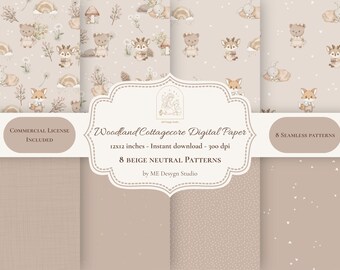 Woodland Cottagecore Digital Paper Bundle, Beige Seamless Pattern Pack, Forest Animals, Nursery Print, Scrapbook Paper, Commercial Use
