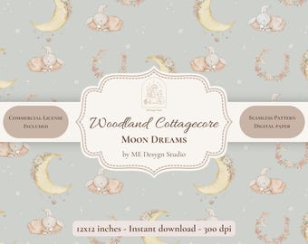 Woodland Cottagecore Moon Dreams Seamless Pattern | Neutral Nursery Digital Paper | Celestial Pattern | PNG JPG | Commercial License