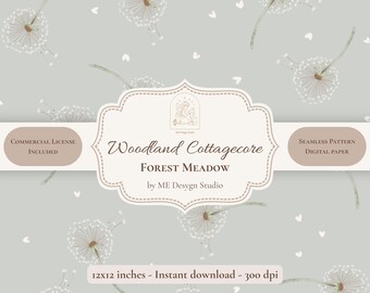 Woodland Dandelion Seamless Pattern | Neutral Cottagecore Digital Paper | Botanical Fabric Design | PNG JPG | Commercial Use
