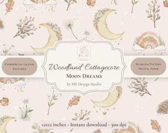 Woodland Cottagecore Moon Dreams Seamless Pattern | Neutral Nursery Digital Paper | Celestial Pattern | PNG JPG | Commercial License