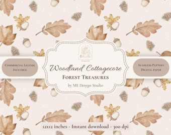 Woodland Cottagecore Forest Treasures Seamless Pattern | Neutral Autumn Digital Paper | Acorns & Oak Leaves | Commercial License PNG JPG